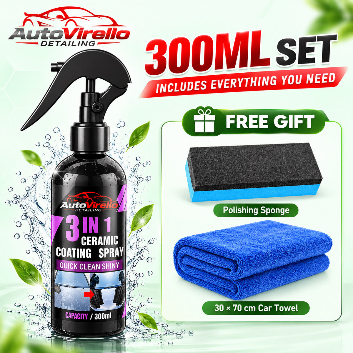 AutoVirello™ 3-in-1 Ceramic Coating Spray for Cars – 300ml